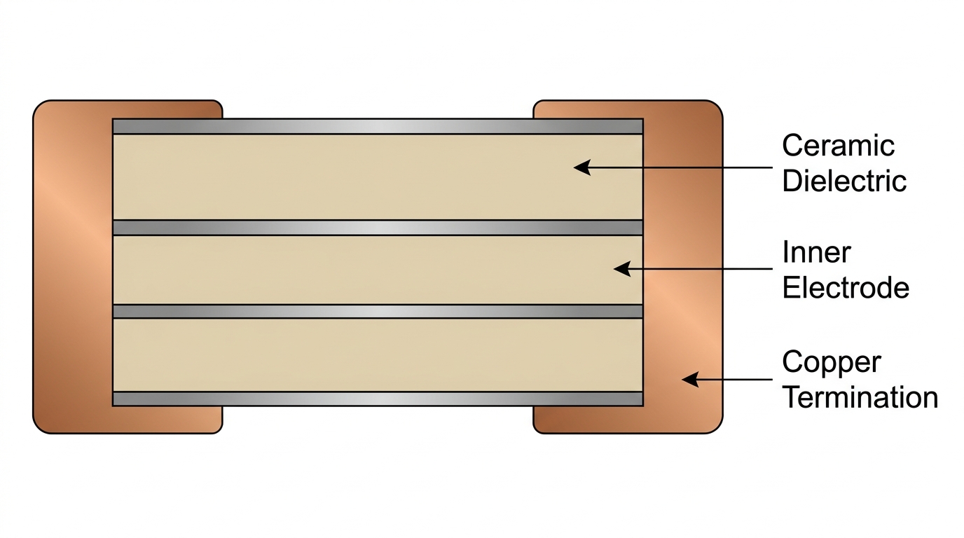 An annotated cross-section diagram showing the internal architecture of a Multilayer Ceramic Capacitor (MLCC). The diagram clearly identifies the interleaved structure with layers of Ceramic Dielectric in light tan, Inner Silver/Nickel Electrodes in metallic grey, and Outer Copper Termination caps on the left and right sides. Precise black labels point to each layer with clean thin lines, showing the text 